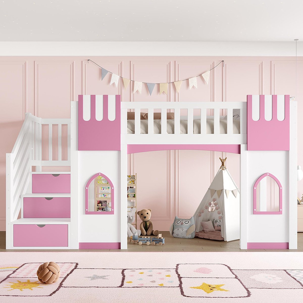 Pugsdrly Hoogslaper 90 x 200 cm met opbergtrap en raam, wit + roze Wit+Roze