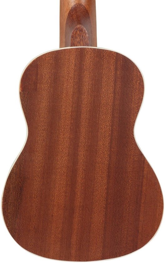 Achterkant van een bruine sopraan ukelele met een houten nerf.