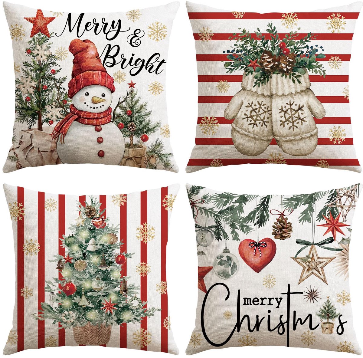 Unyqoos Set van 4 decoratieve kerstkussenhoezen met sneeuwpopontwerp voor huisdecoratie rood