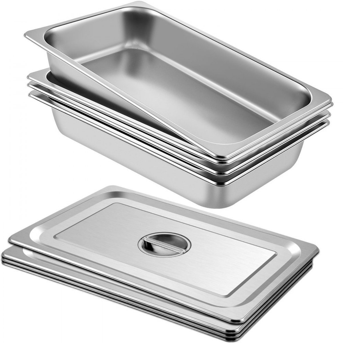 RVS Gastronorm Hotelpannen - Set van 4 GN 1/1 - 53,7 x 33 x 9,5 cm - Met Deksel - Voor Chafing Dish en Bain-Marie - Zilver