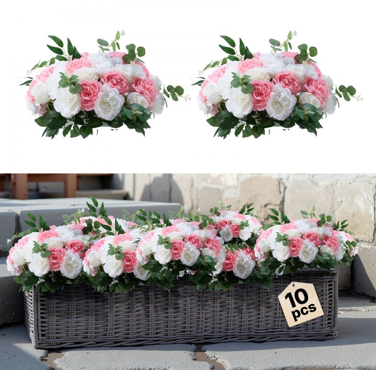 Kunstbloemen - Rozenballen - Set van 10 stuks - Diameter 45 cm - Zijden Kunstrozen - Tafeldecoratie Bruiloft & Huis - Roze/Wit