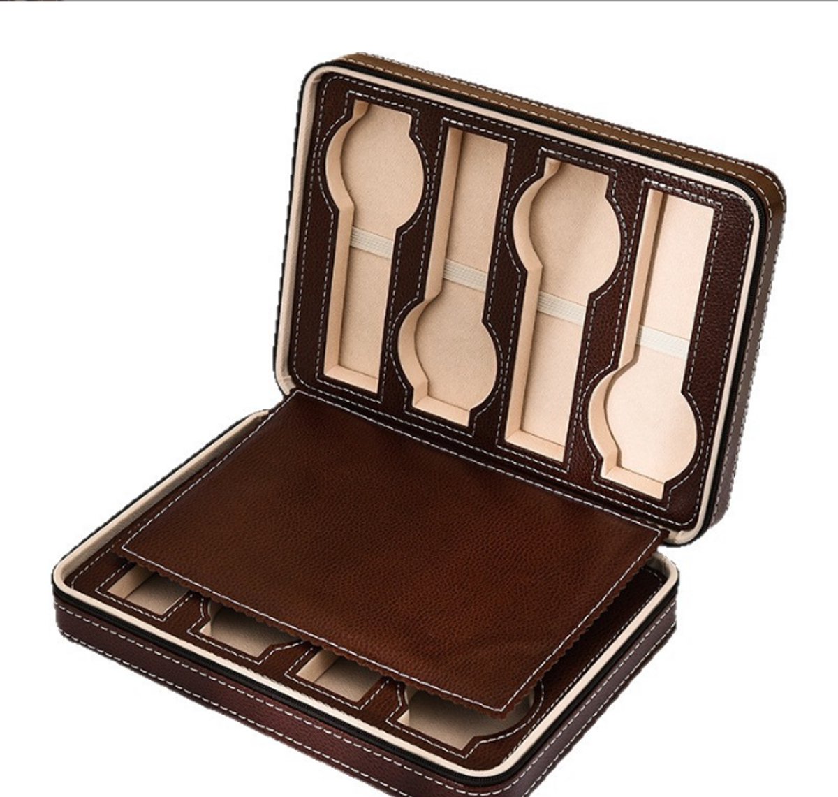 Horlogebox, PU-leer, 8-positie cilindrische horlogebox, bruin.