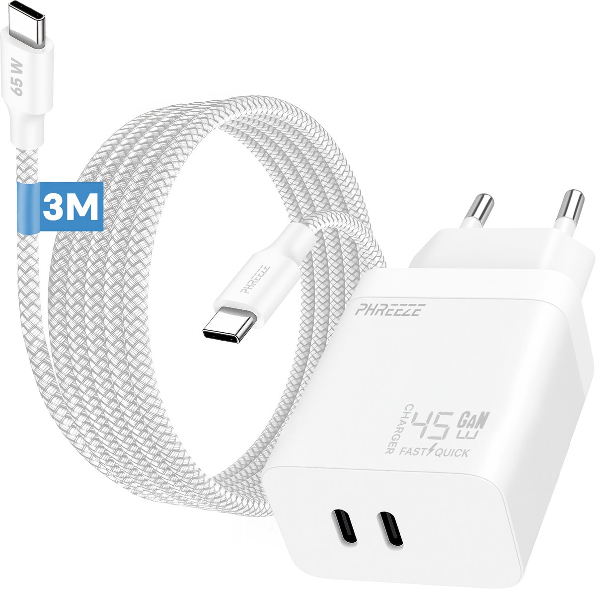 Phreeze usb C snellader 45w met usb C naar usb C kabel 3 meter