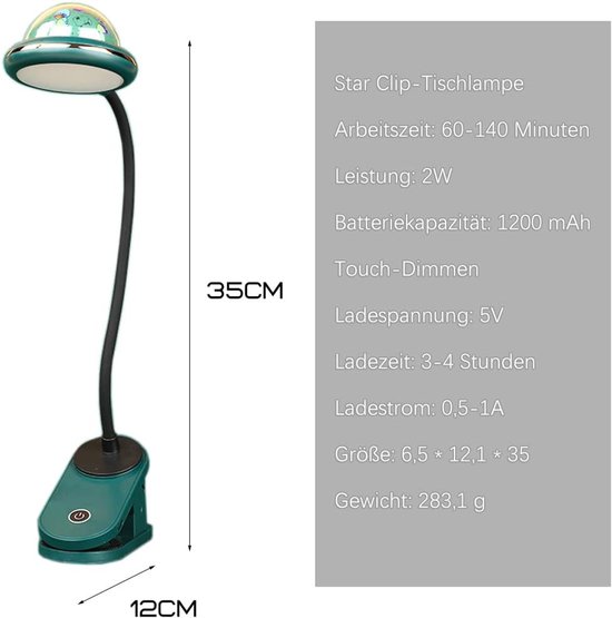 Kinderklemlamp, USB oplaadbare LED-klemleeslamp met sterprojectie, 4000k 360° aanraakgevoelige zwanenhalslamp voor op het nachtkastje, klemnachtlampje met ster (groen). van Merkloos — afbeelding 5
