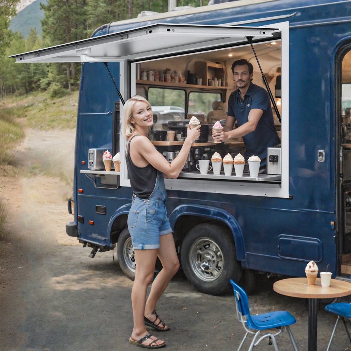 Foodtruck Uitgifteraam - Serveerraam - 91 x 91 cm - Aluminium - Met luifelklep - Opent tot 85° - Met handgreep - Glas niet inbegrepen