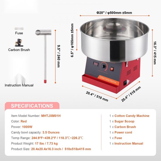 Suikerspinmachine - Elektrisch Professioneel - Vermogen 1000 W - RVS Kom - Inclusief Suikerlepel - Voor Feestjes & Thuisgebruik - Rood — afbeelding 2