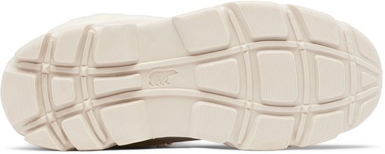 Crème kleurige zool van een Sorel dames snowboot met profiel en een Sorel logo.