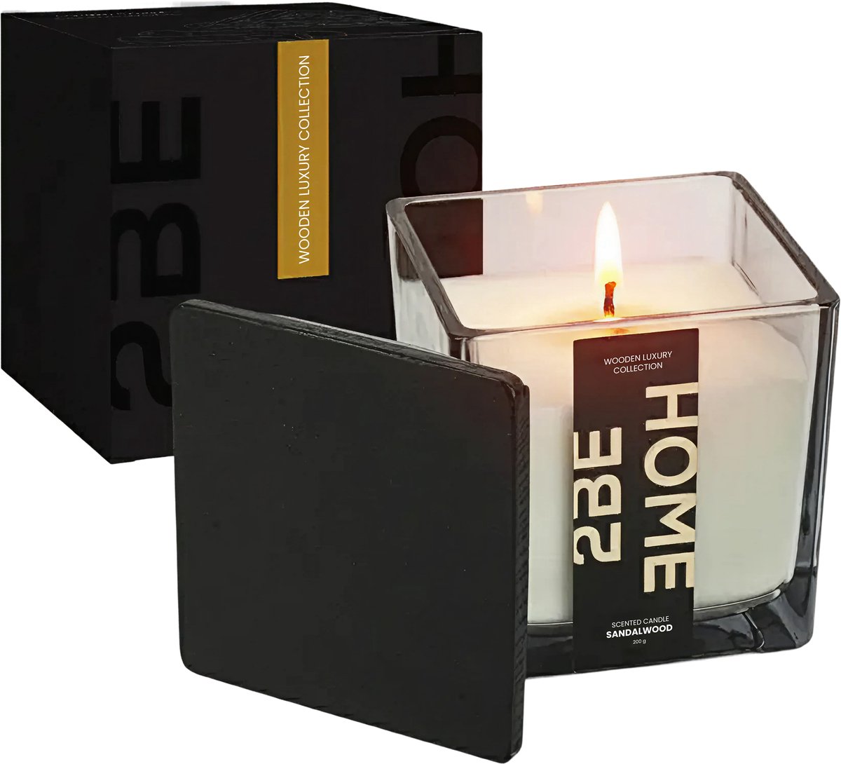 2BEHOME Geurkaars Sandalwood - 200 gram - Geurkaarsen in Glas - Geur Kaars - Geurbrander - Kaars - Wooden Luxury Collection - Zwart