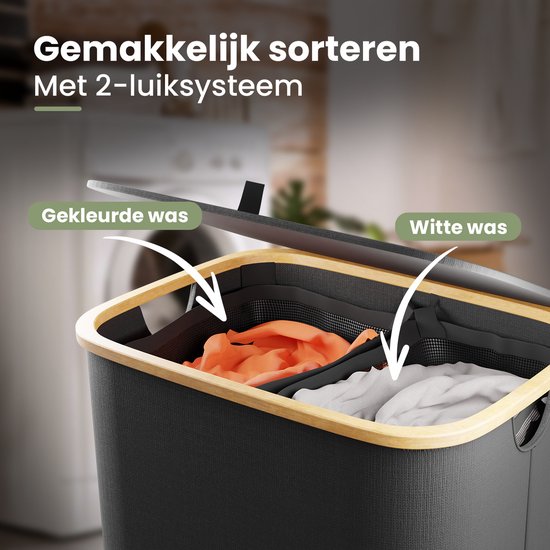 Zwart wasmand met bamboe frame, met twee vakken voor gekleurde en witte was.