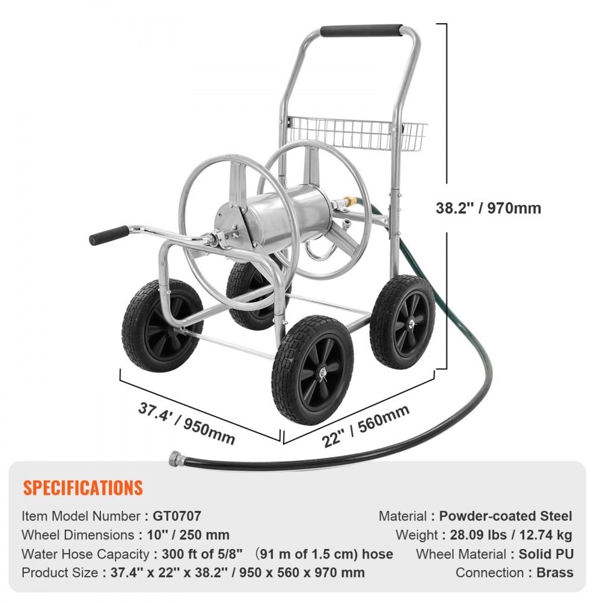 Slanghaspelwagen - Tuinslanghaspel - Capaciteit Ø 1,5 cm x 91 m - 4 Wielen - Robuust Gepoedercoat Staal - Met Opbergmand - Voor Tuin en Gazon