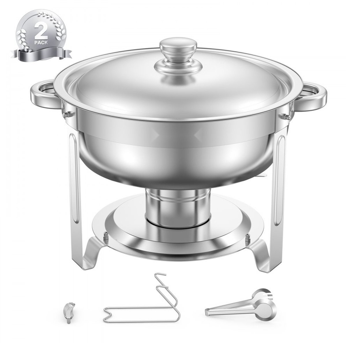 Buffetverwarmer Chafing Dish - Rond - Inzetbakken 2x 4,7 L - Met Deksel - Brandstofhouder - Waterpan - Voor Bruiloften & Feesten - Zilver