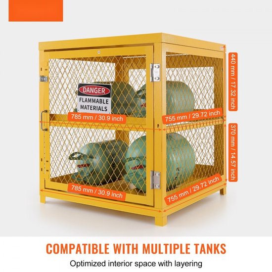 Gasflessen opslagkooi - Horizontale cilinderkast - Capaciteit 4 x 15 kg gasflessen - Afmeting 79 x 76 x 89 cm - Voor propaan, zuurstof, stikstof, koelmiddel - Poedergecoat - Geel — afbeelding 3