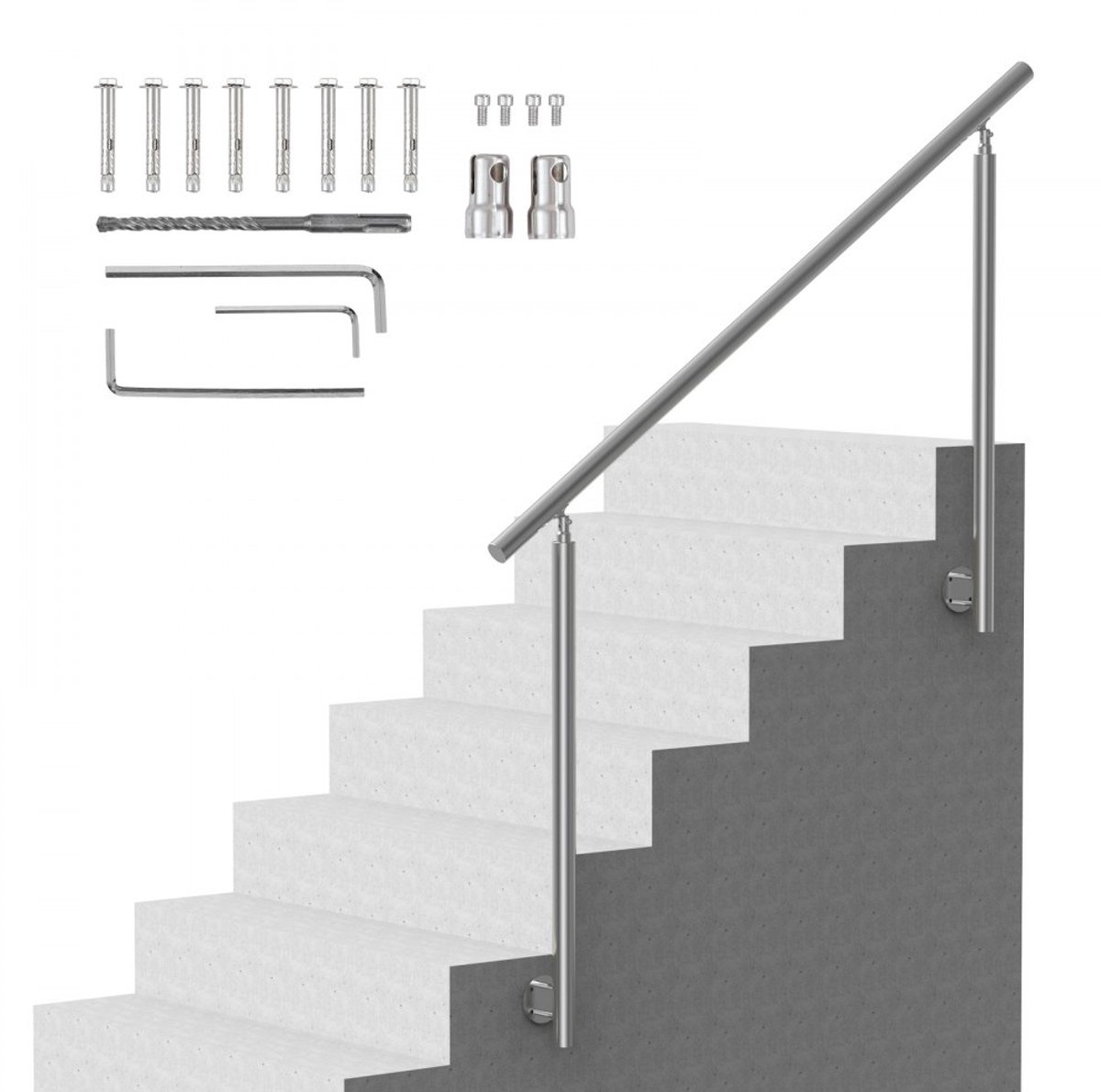 Buitentrapleuning - RVS Trapleuningset - 150 cm Lang - Met 2 Staanders - Zijmontage - Inclusief Montageset - Voor Veranda en Terras - Voor Senioren