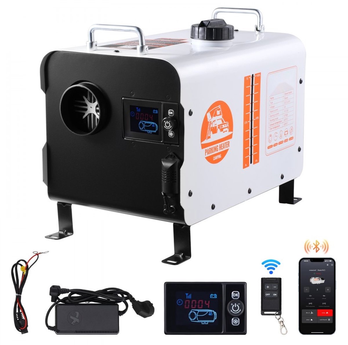 Dieselluchtverwarmer / Standkachel - Alles-in-één 8 kW 12V/24V - Bluetooth Appbediening - Afstandsbediening - Display - CO-Alarm - Snelle Verwarming - Draagbaar
