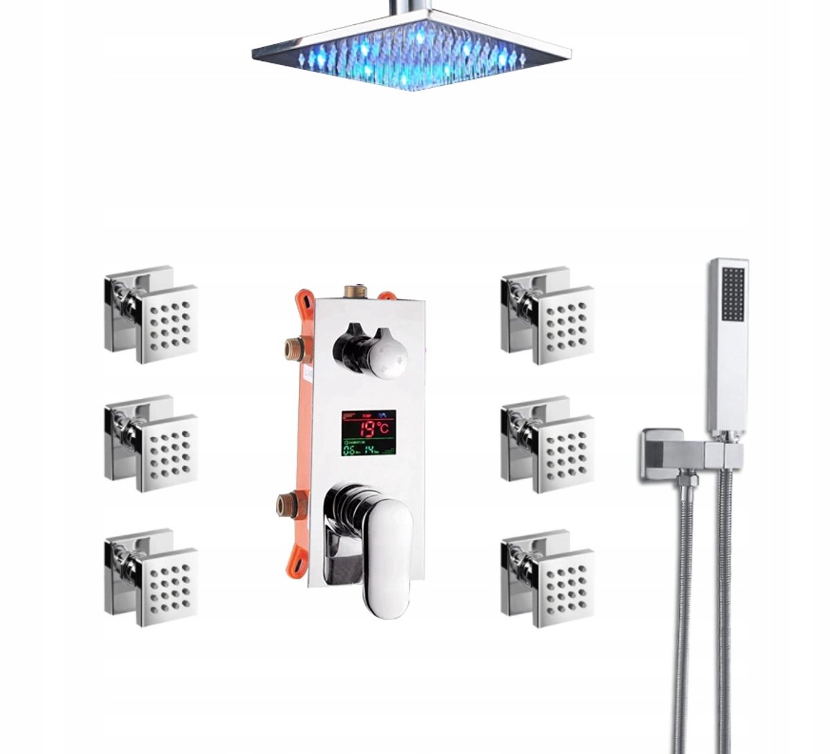 Doucheset Inbouw LED 25cm met Massageduches & Thermostaatkraan
