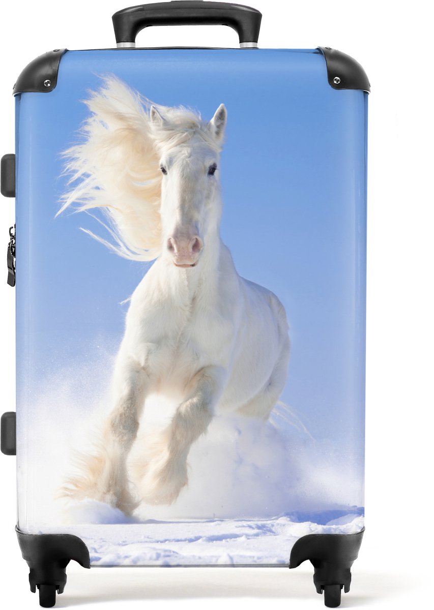 NoBoringSuitcases.com - Grote koffer - Paard - Wit - Sneeuw - Winter - Kinderen - Kinderkoffer geschikt voor jongen en meisjes - Reiskoffer met 4 wielen - Trolley op wieltjes - Rolkoffer groot kinderen - 72 liter - Ruimbagage valies 20kg