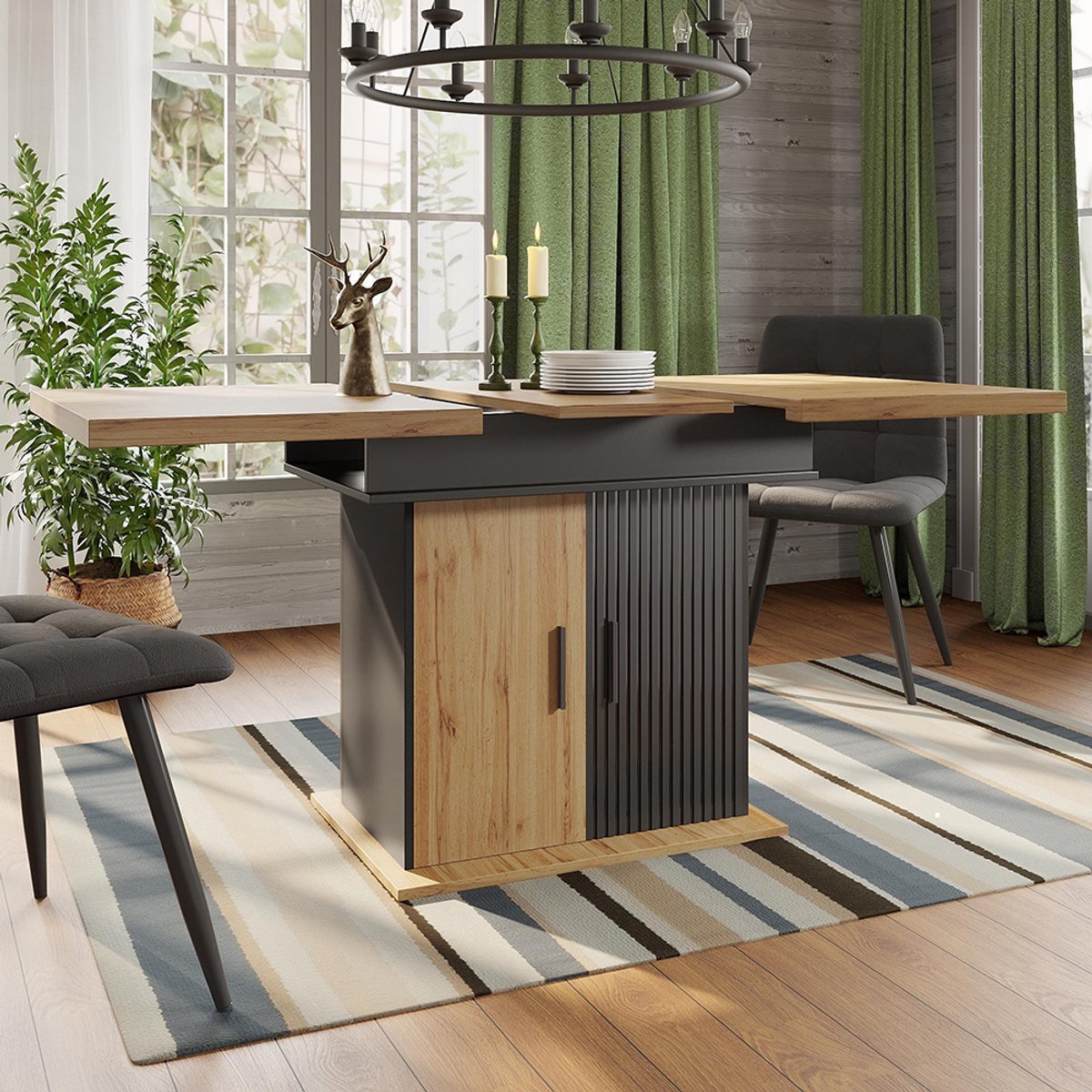 KOMHTOM Uitschuifbare Eettafel 110-140x80 cm - Opklapbare Keukentafel voor 4-6 Personen - Ruimtebesparend - Retro Stijl - voor Keuken en Woonkamer Zwart, naturel