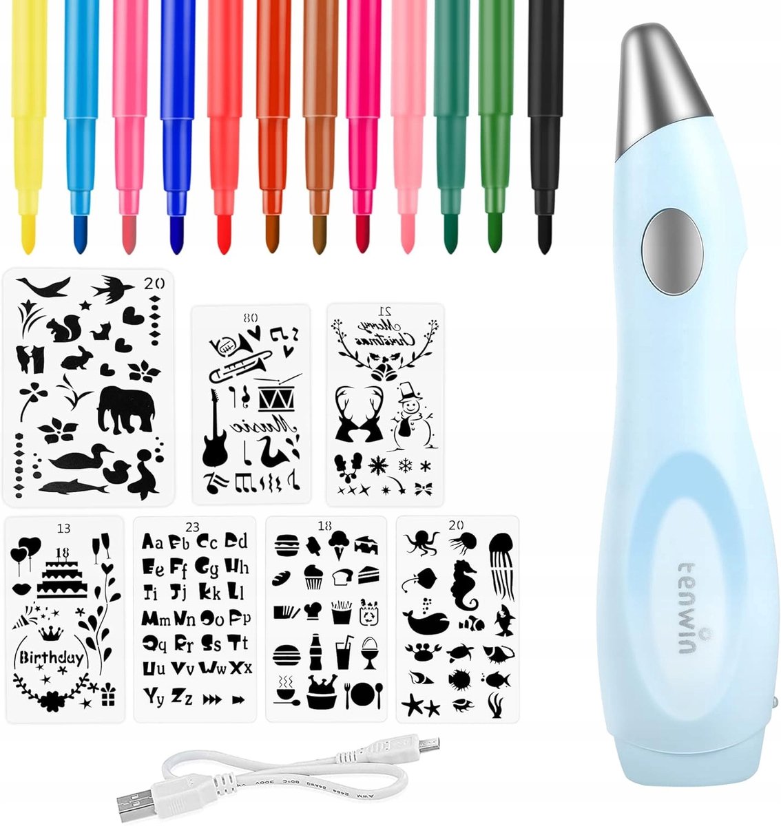 Airbrush Verf Pen Set met 12 Kleuren & 7 Sjabloon Kaarten