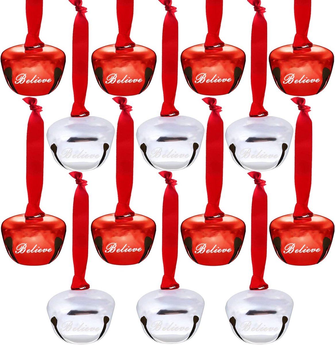 Sander Shop 32 stuks 1,6 inch Believe Bells Ornament, Slee Bells Kerstboomklokken Xmas Linten Bells Polar Express Bells voor DIY Vakantie Craft Thuis Xmas Bruiloft Decoraties (Rood+Zilver)