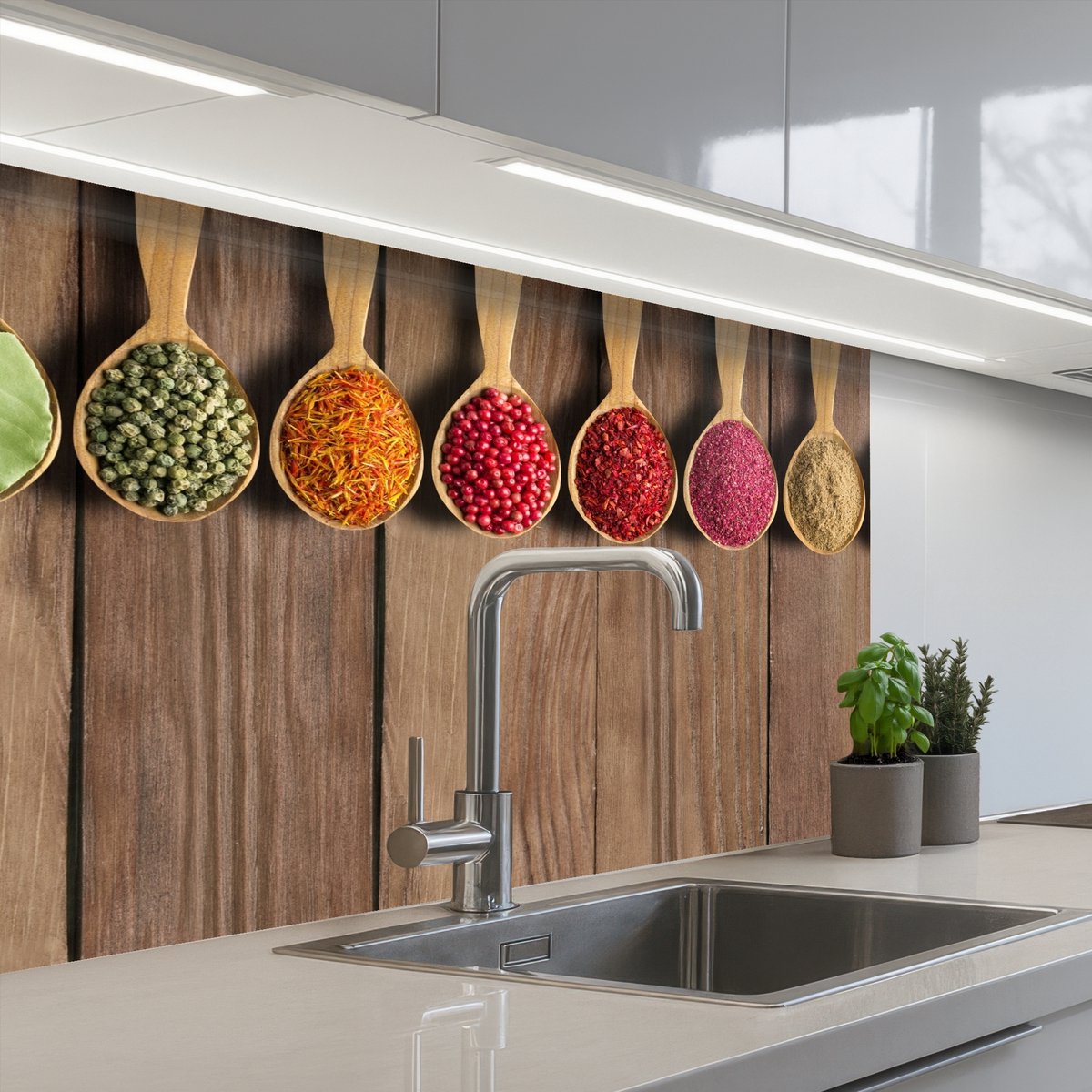 Keuken achterwand 80x60 cm - Spatscherm zelfklevend Lepels - Kruiden - Hout - Muurbeschermer - Spatwand fornuis