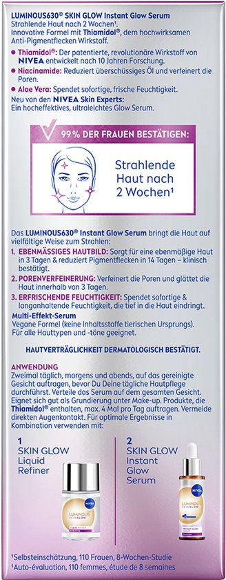 Verpakking met uitleg over NIVEA Luminous630 Instant Glow Serum, met afbeeldingen van huid en producten.