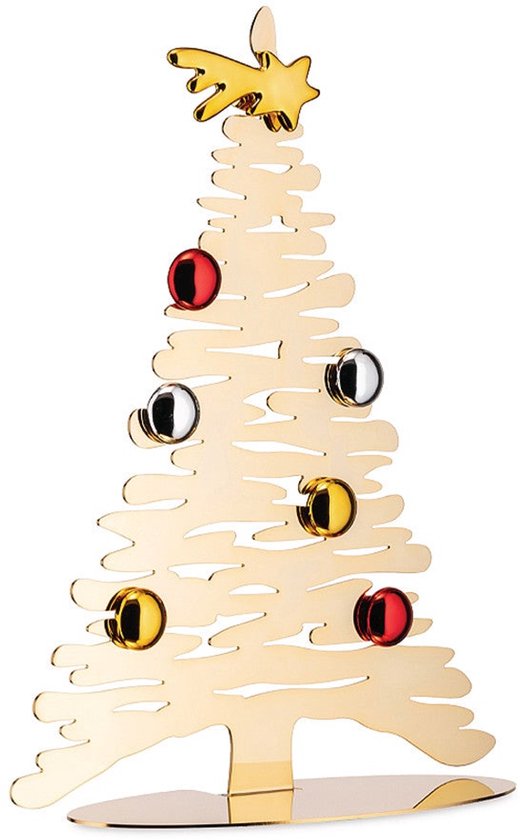 Arbre de Noël doré en métal avec étoile dorée, boules rouges, argentées et dorées.