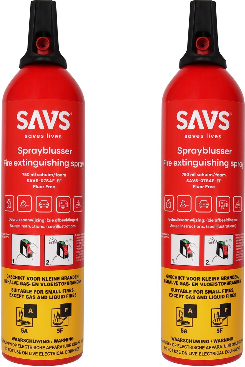 SAVS® Sprayblusser Vetblusser schuim 750 ml - 2-pack - 5A 5F - Geschikt voor keuken, huis, auto, boot, caravan of camper - Brandblusser - Schuimblusser