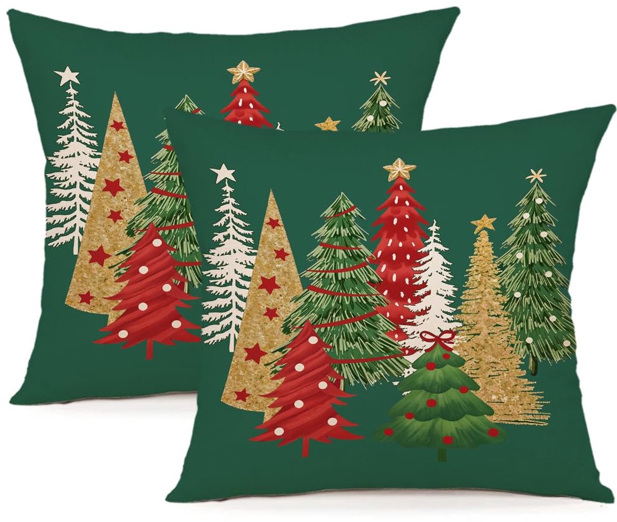 Unyqoos Set van 2 decoratieve kerstkussenhoezen van linnen voor binnen en buiten Groen