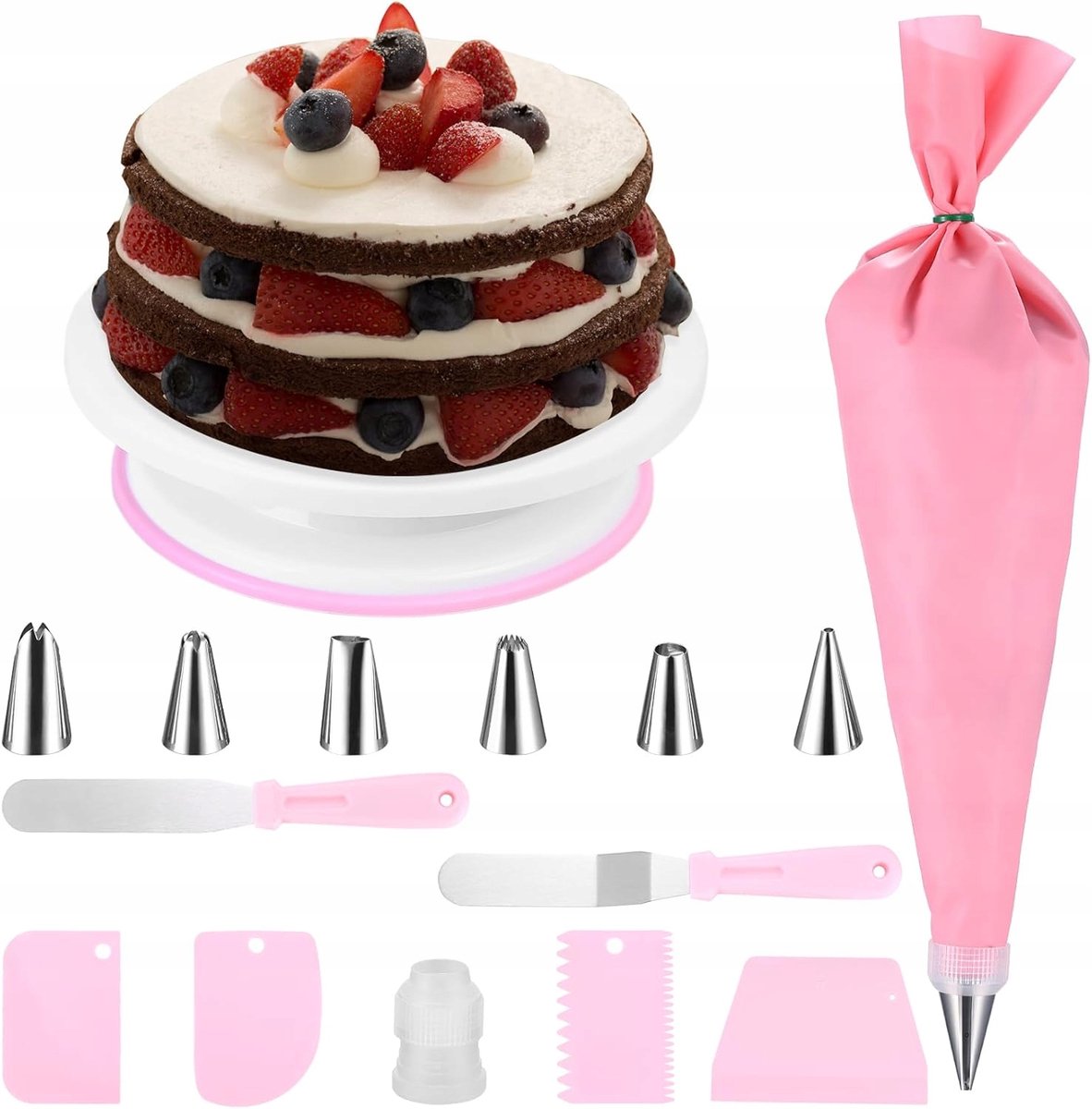 14-delige Taartdecoratieset: Draaibare Dienbladen, Spuitmondjes & Spatels