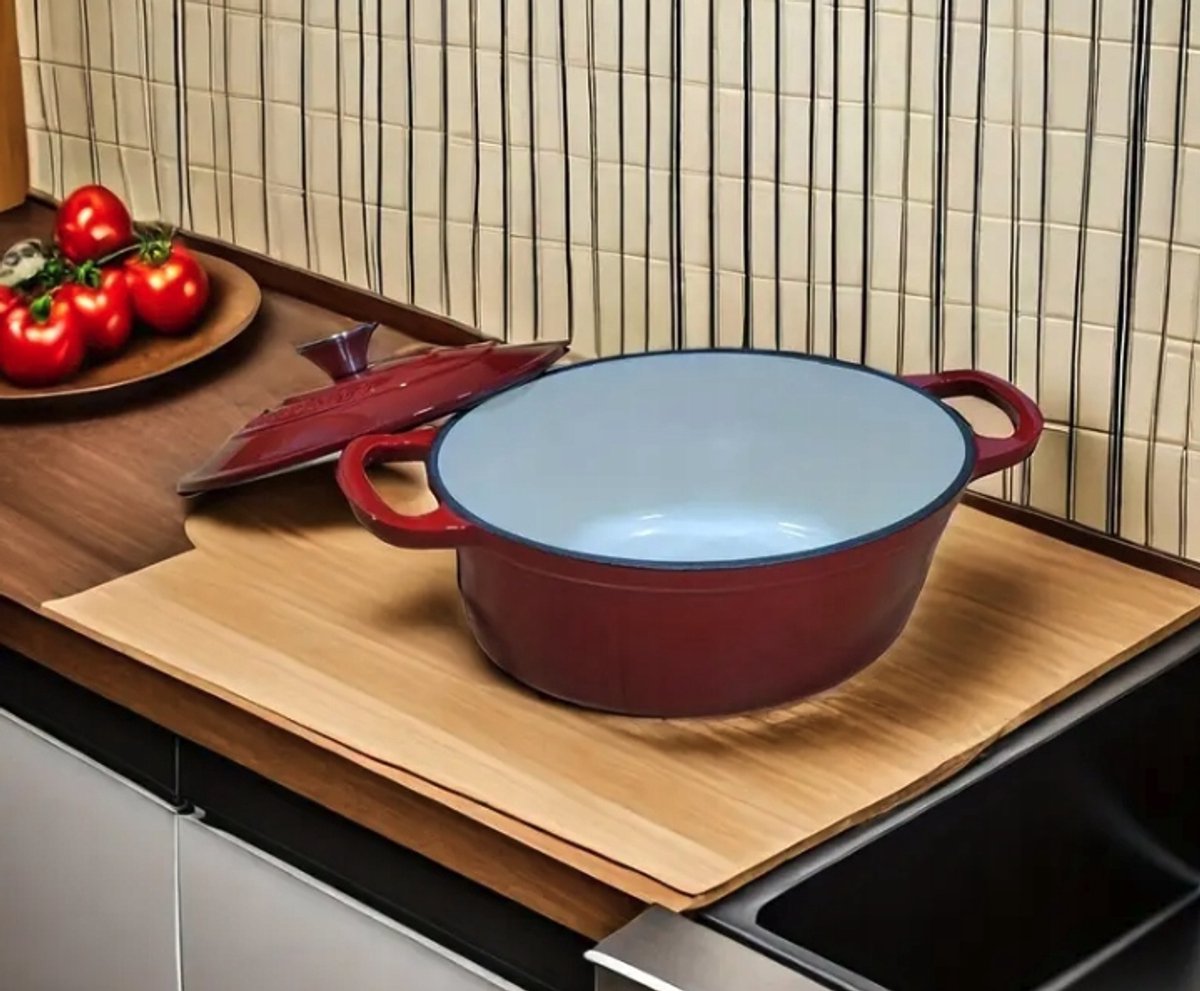 Gietijzeren Emaille Braadpan met Deksel - 28cm - Rood - Inductie