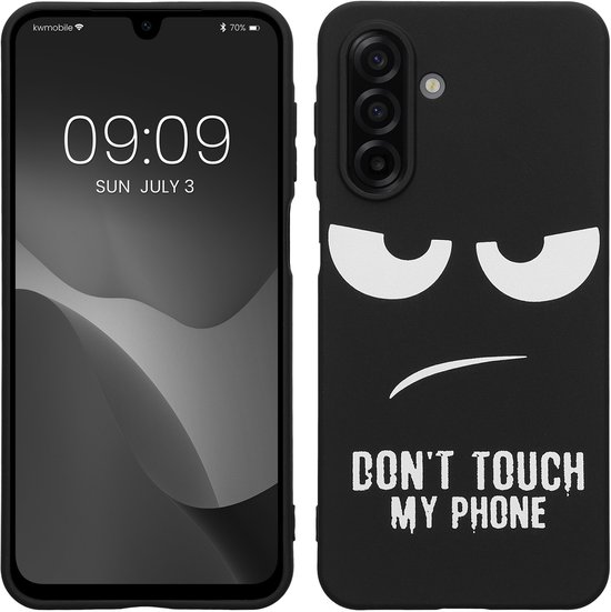 Coque de téléphone noire avec des yeux blancs en colère et le texte "DON'T TOUCH MY PHONE". L'heure affichée est 09:09.