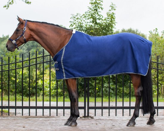 Bruin paard met een donkerblauwe fleecedeken en dubbele borstsluiting, zijaanzicht.