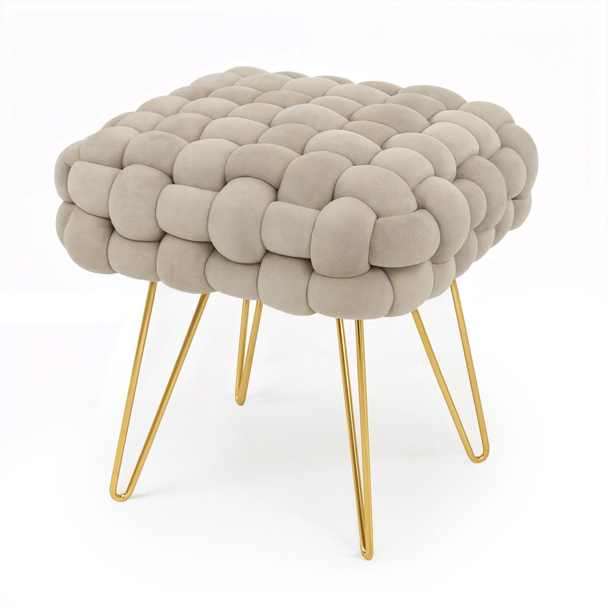 Gestoffeerde Fluwelen Poef DOTTY 38 cm / Vierkante Poef met Gouden Poten / Stijlvolle Kruk / Kaptafelkruk / Halstoel / Woonkamerstoel / Ingetogen Beige