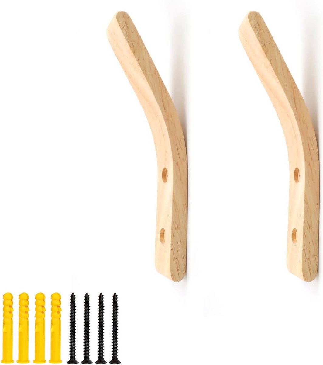 Ronte - Wandhaken van Hout, 2 stuks inclusief schroeven en expansiebuis voor Garderobe in Slaapkamer, Woonkamer en Kantoor