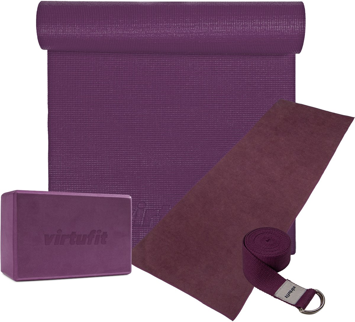 VirtuFit Premium Yoga Kit - 4-Delig - Inclusief Yoga Blok, Yoga Mat, Yoga Riem en Yoga Handdoek - Mulberry