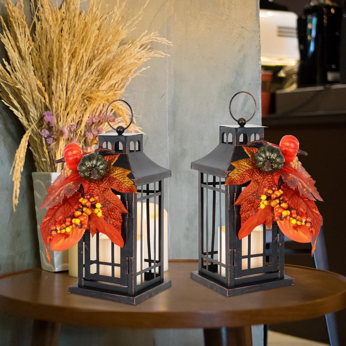 Set van 2 Herfst LED Lanterns - Vintage Hanglampen met Krans voor Binnen en Buiten - 11 In