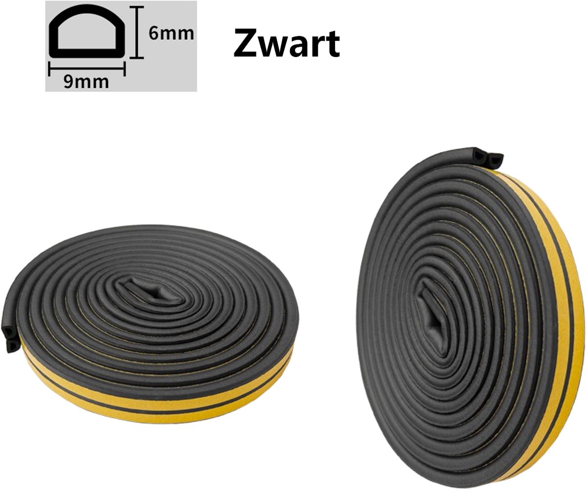 2 rollen tochtstrips - Zelfklevend raam - Totaal 12 m - D-vorm - EPDM afdichtingstape - Zwart - 9 x 6 mm - Raamafdichting - Tochtstrip - Waterdicht - Geluidsisolatie