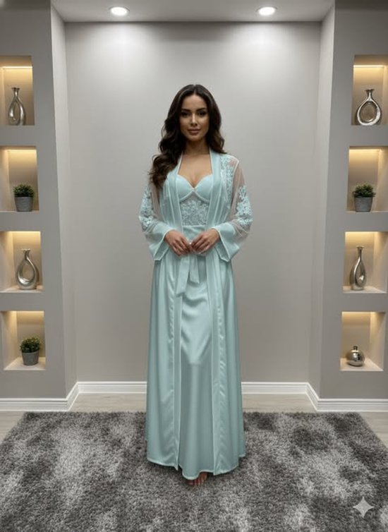 Luxe nachtjurk met bijpassende kamerjas - Turquoise