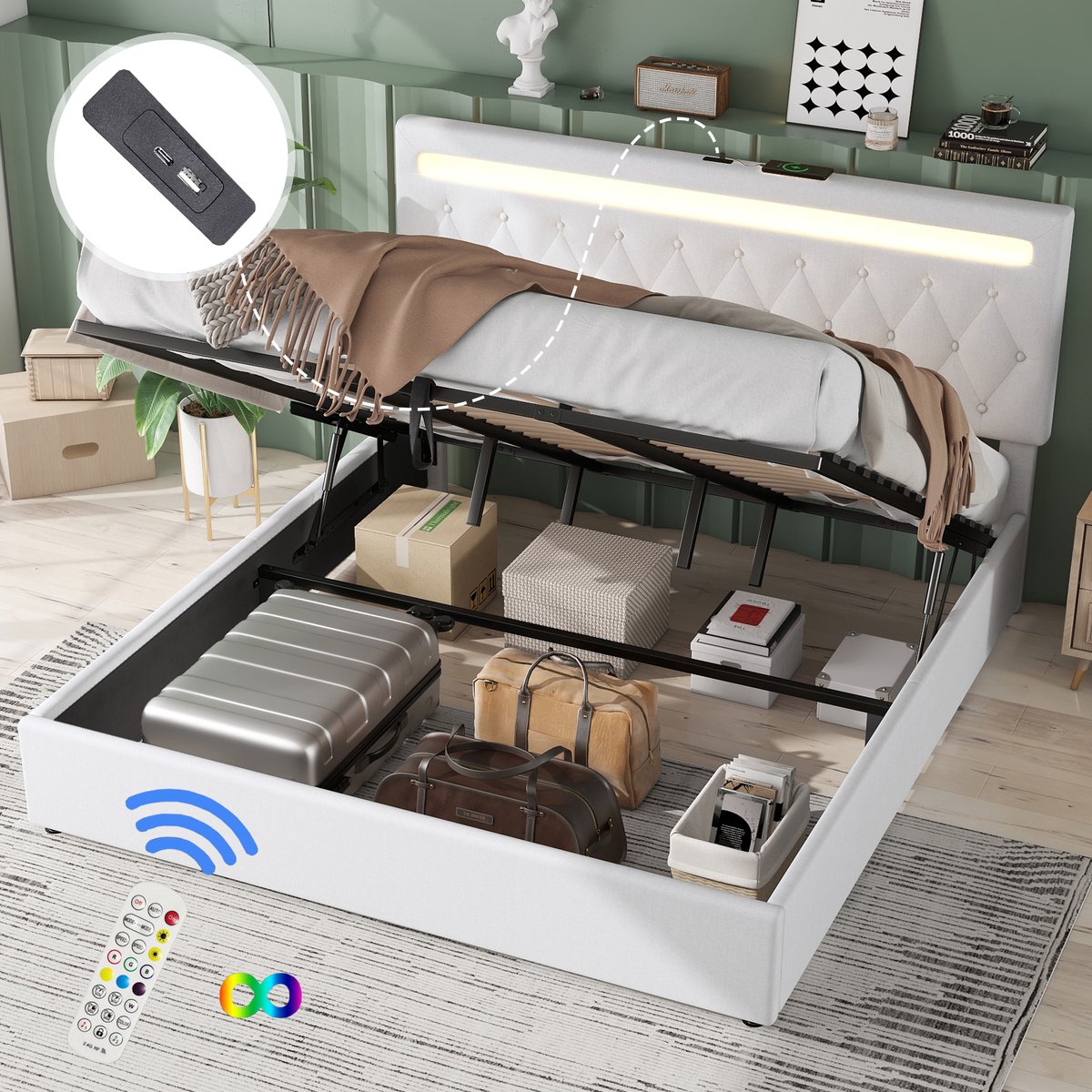 Vlak bed 180x200cm - Wit - Linnen + MDF - 250kg draagvermogen - Hydraulische lattenbodem - Verstelbare sfeerverlichting - USB oplaadpoort