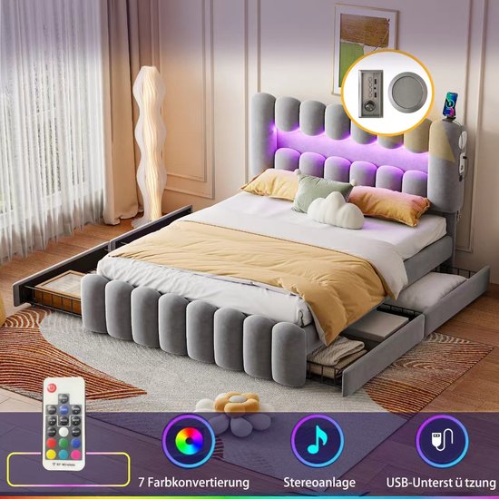 BHFFTHK Gestoffeerd bed, 160 x 200 cm, led-tweepersoonsbed met 4 laden opbergruimte en lattenbodem, hoofdeinde met USB-oplaadfunctie, opbergbedden, functionele bedden, jeugdbed, bedframe, linnen