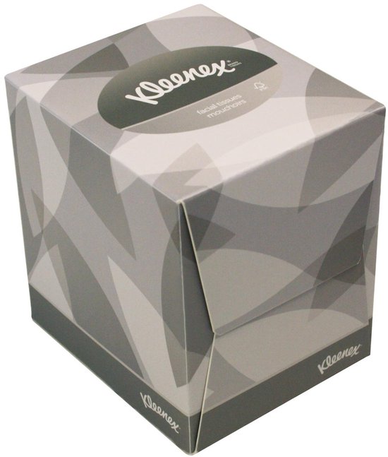 Boîte distributrice de mouchoirs Kleenex avec motif gris, logo 'Kleenex facial tissues', 90 lingettes.