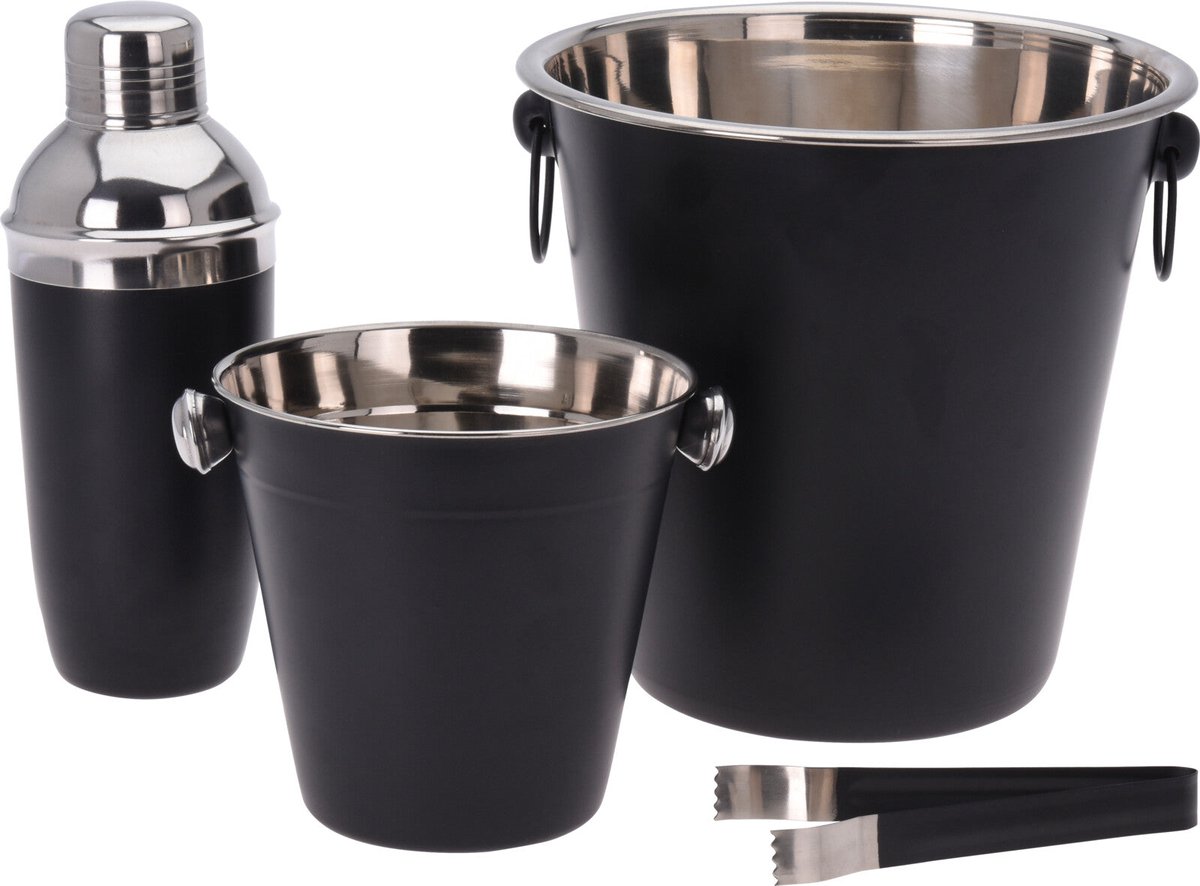 Cookinglife Barset Zwart 4-Delig - Cocktailshaker, Champagnekoeler, Ijsemmer en Tang