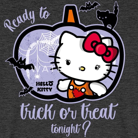 Halloween print met Hello Kitty in een pompoen, met vleermuizen, spinnenwebben en de tekst 'Ready to trick or treat tonight?'.