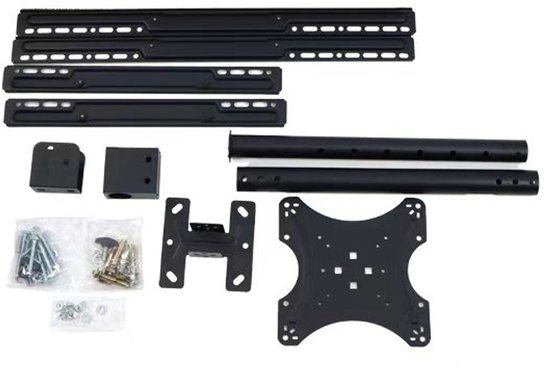 Assemblageonderdelen voor een zwarte TV-beugel, waaronder stangen, een VESA-plaat en schroeven.