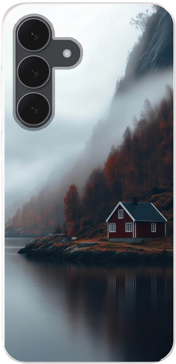 Telefoonhoesje Geschikt voor Samsung Galaxy S25 FE hoesje - Huis - Rood - Bergen - Water - Siliconen Telefoonhoesje Telefoonhoesje