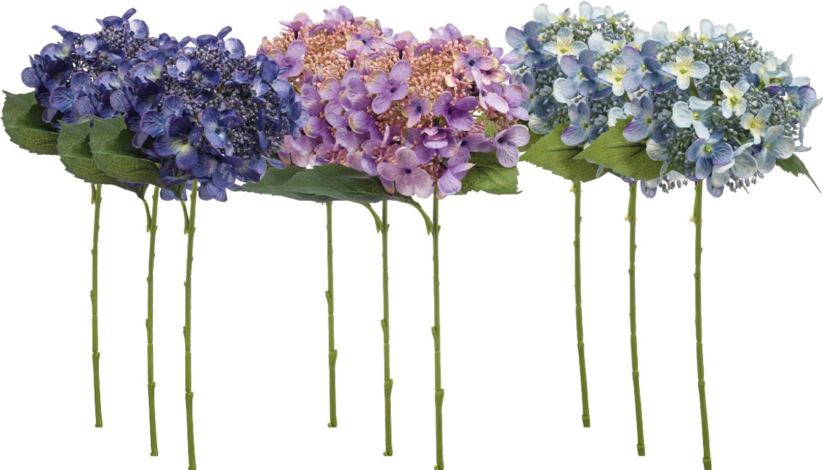 Emerald Kunstbloem Hortensia 50cm Blauw - Set van 9 - Kunstplant voor binnen Donkerblauw, Paars & Lichtblauw - Set van 9