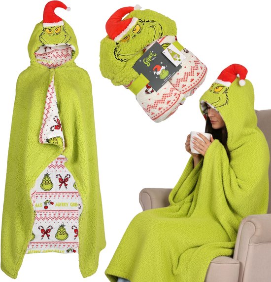 Grinch Kerstmis | Warme deken | dikke deken met capuchon | fleece kleed met capuchon | sweatshirt-deken SHERPA | Draagbare deken | TV plaid met capuchon | 120x150cm OEKO-TEX