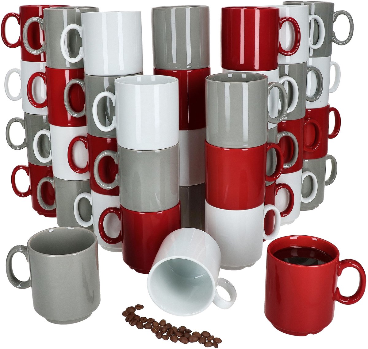 36-delige set EVENT stapelbare koffiemokken TRIO grijs wit rood porselein 250 ml