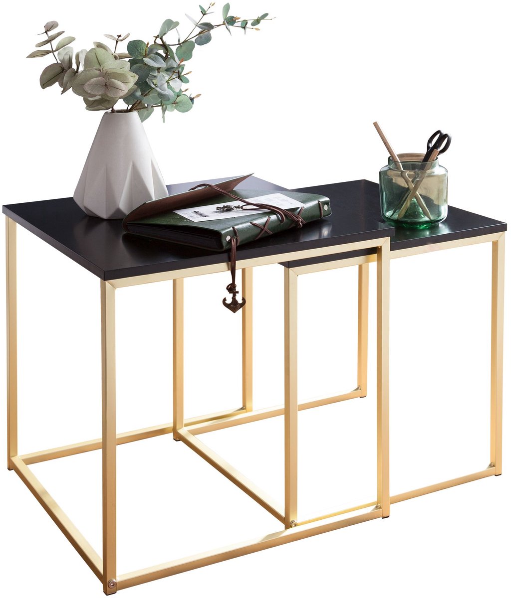 CALA zwart / goud bijzettafel MDF / metaal | Salontafel set van 2 tafels | Kleine salontafel | Metalen tafel met houten plaat | Opbergtafel modern