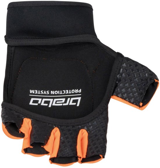 Binnenkant oranje handschoen met zwarte 'protection system' opdruk, klittenband en rubberen grip. Vingers ontbreken.